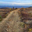 Two-track road extends across treeless area of Flat gold project in Alaska.