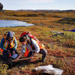 Blue Star geologists collect a sample during gold exploration in Nunavut.