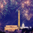 Fireworks over the Lincoln Memorial, Washington Monument, and Capitol Building.