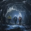 Three miners with headlamps approach an underground gold mine.