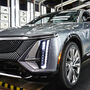 Silver Cadillac Lyriq EV rolls off a General Motors assembly line in Tennessee.