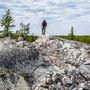 A geologist standing atop a large white outcropping pegmatite in NWT.