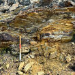 A highly colorful multi-layer outcrop from Blue Star's Penthouse prospect.