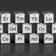 Cubes depicting the 15 rare earth elements as they appear on the periodic table.