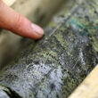 Closeup of a finger pointing to high-grade mineralization in Arctic drill core.