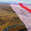 An aerial view of the Nikolai project with a red stripe showing the Eureka Zone.