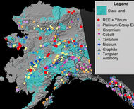 Map showing many critical mineral deposits and occurrences found across Alaska.