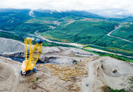 A large dragline digs rock off coal seams at the Usibelli mine in Alaska.