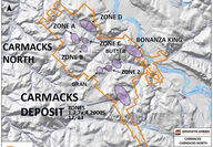 A map of the Carmacks deposit showing various mineralized zones.