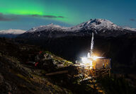 Northern Lights Aurora Borealis over gold exploration drill rig BC