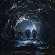 Three miners with headlamps approaching dark underground gold mine.