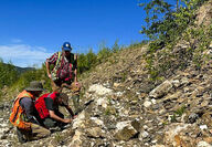 Geologists inspecting an interesting geological outcrop at Klondike property.