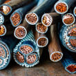 A view of the ends of various-sized copper cables for electrical transmission.