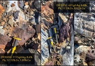 Rock hammers provide context for the highly mineralized outcrop at Gally.