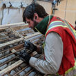 Geologist examines core from drilling at the Lawyers gold-silver project.