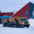 Truck with two trailers of zinc concentrates leaves Red Dog Mine in Alaska.