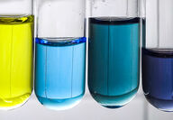 Vials showing the colors of vanadium in four states of oxidation.