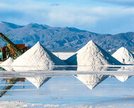 Piles of white lithium powder at the Salinas Grandes salt flats in Argentina.