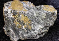 A large rock sample with large veins of high-grade gold visible on the surface.