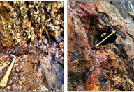 Closeup of mineralized quartz crystals (left); 13-foot-wide cave (right).