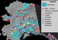 Map showing the many critical mineral occurrences across Alaska.