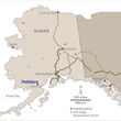 A map of Alaska showing the Pebble deposit in Southwest Alaska.