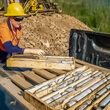 Geologist inspects core loaded in a pickup bed at the 64North gold project.