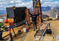 Drillers collecting core from first 2022 hole at RPM gold deposit in Alaska.