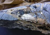Closeup of core with bonanza-grade silver, zinc, and lead mineralization.