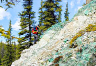 Geologist climbing slope green with copper mineralization.