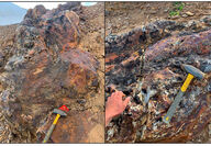 Side-by-side photos of highly mineralized veins at the Falcon target in BC.