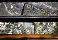 Mineralized core from drilling at JT gold-silver-copper-zinc deposit in Alaska.