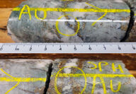Sections of drill core with quartz vein speckled with visible gold.