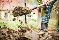 A gardener digs a shovel of soil in a garden.