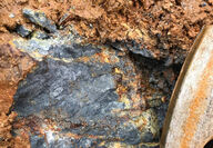 Outcrop of massive sulfide antimony mineralization at Kispiox Mountain.