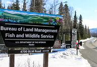 Bureau of Land Management signpost outside Anchorage District Office.