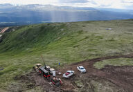 A drone view of a drill rig testing for gold and silver in Northern BC.