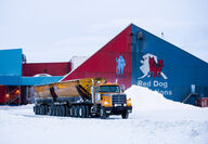 A truck loaded with Red Dog concentrates leaves the mill during the winter.