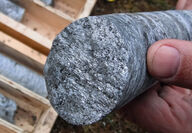 Closeup of core from drilling through a high-grade lens at Graphite Creek.