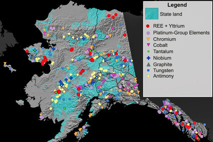 Map showing many critical mineral deposits and occurrences found across Alaska.