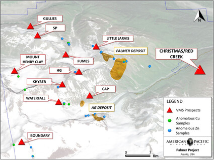 Map of VMS prospects, deposits, along with copper and zinc samples at Palmer.