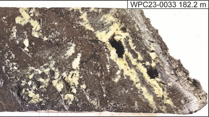 Closeup of mineralized core from drilling at the Waterpump Creek silver deposit.
