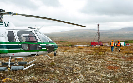 A helicopter at a drill rig on Northern Dynasty’s Pebble project in Alaska.