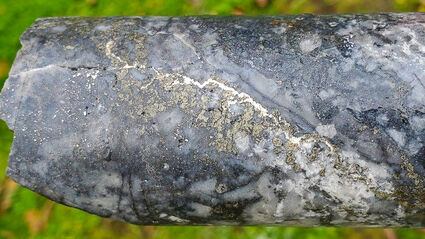 A stringer of silver cuts across mineralized quartz in Dolly Varden drill core.