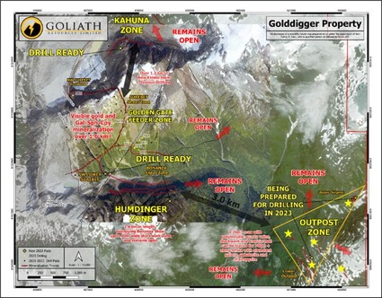 Map of Goliath Resources' 2023 exploration map at the Golddigger property.