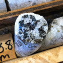 Black sphalerite (zinc mineral) crystals contrasted by white rock in drill core.