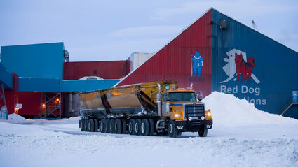 Truck with two trailers of zinc concentrates leaves Red Dog Mine in Alaska.