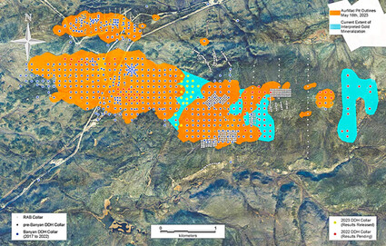 Map showing all deposits, drill holes with light blue being the undrilled area.