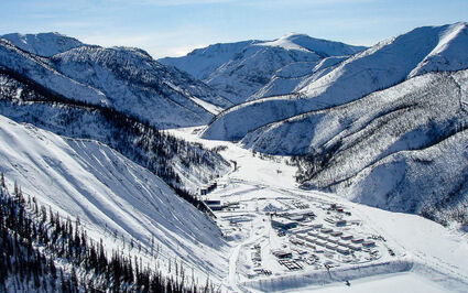 Aerial view of the Prairie Creek zinc mine site during the winter.