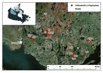 Map of Li-FT lithium properties in Yellowknife Pegmatite Province, NWT.